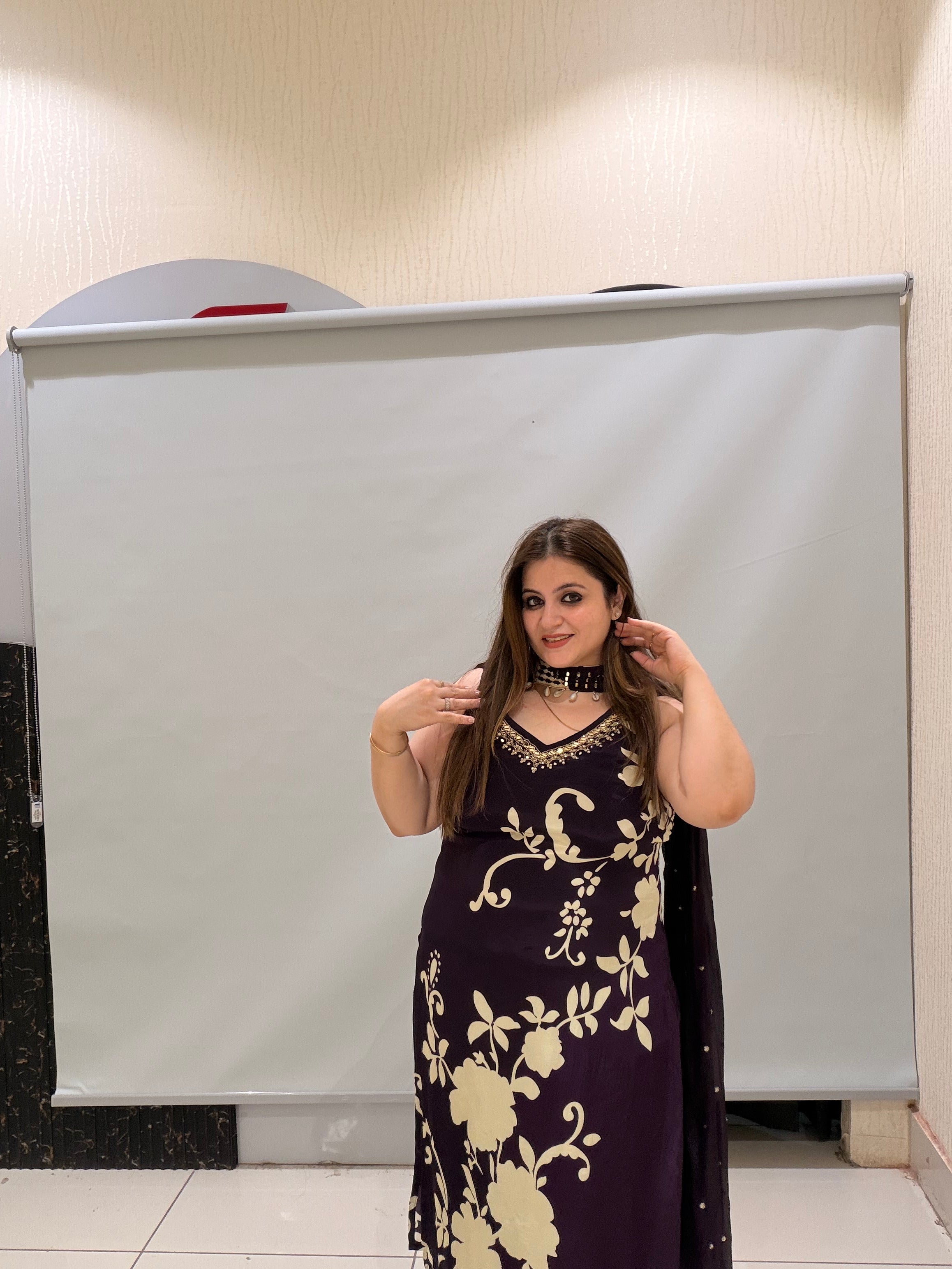 Dark Purple Floral Crepe Suit (M–XXL)