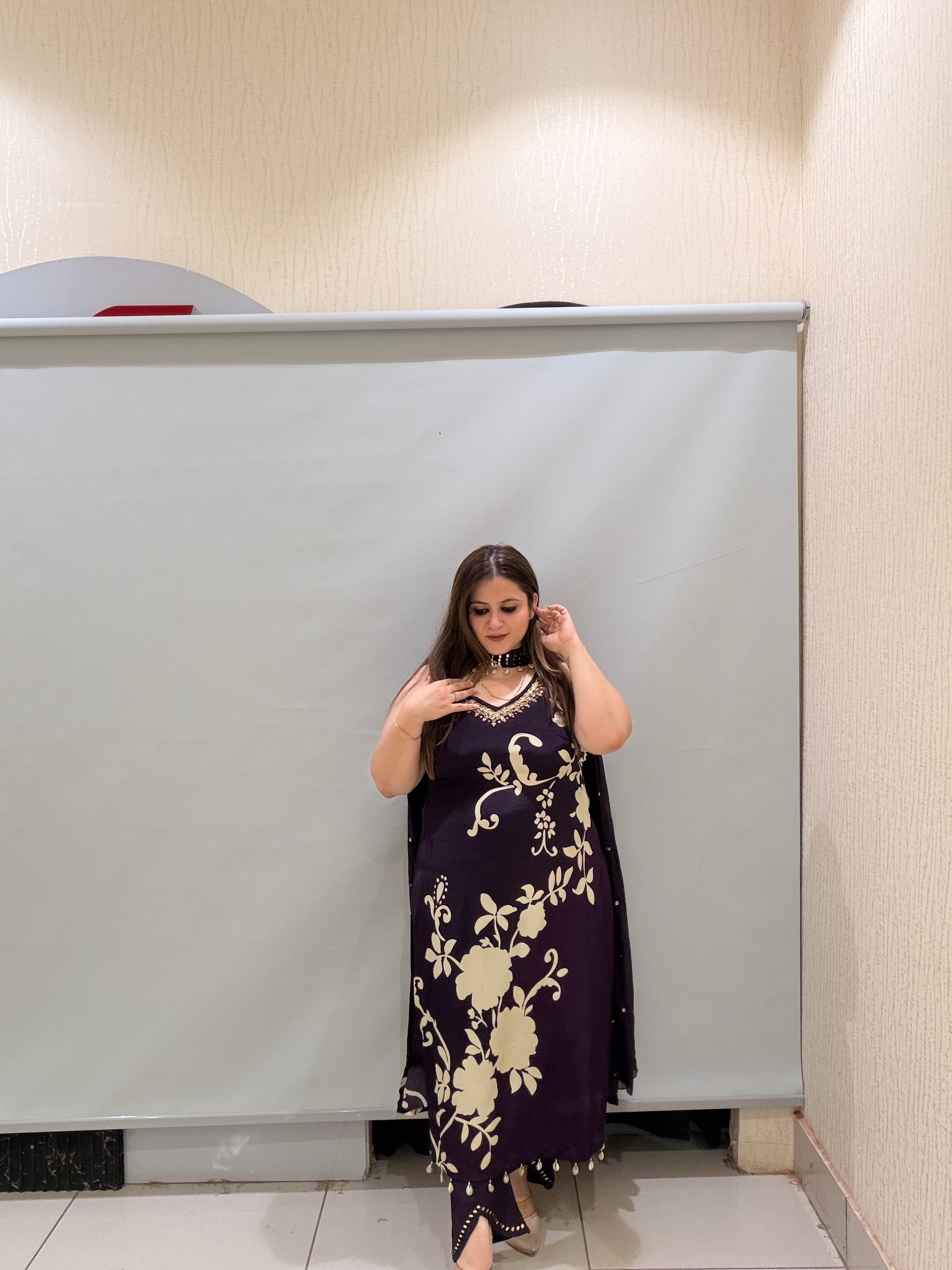 Dark Purple Floral Crepe Suit (M–XXL)