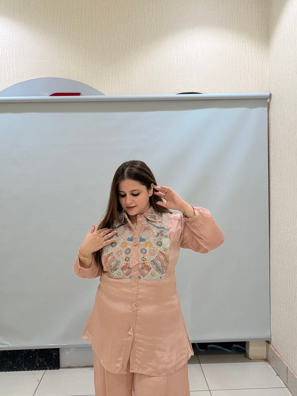 Peach Pure Chinon Embroidered Coord Set (M–XL)