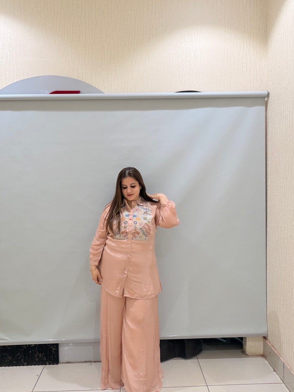 Peach Pure Chinon Embroidered Coord Set (M–XL)
