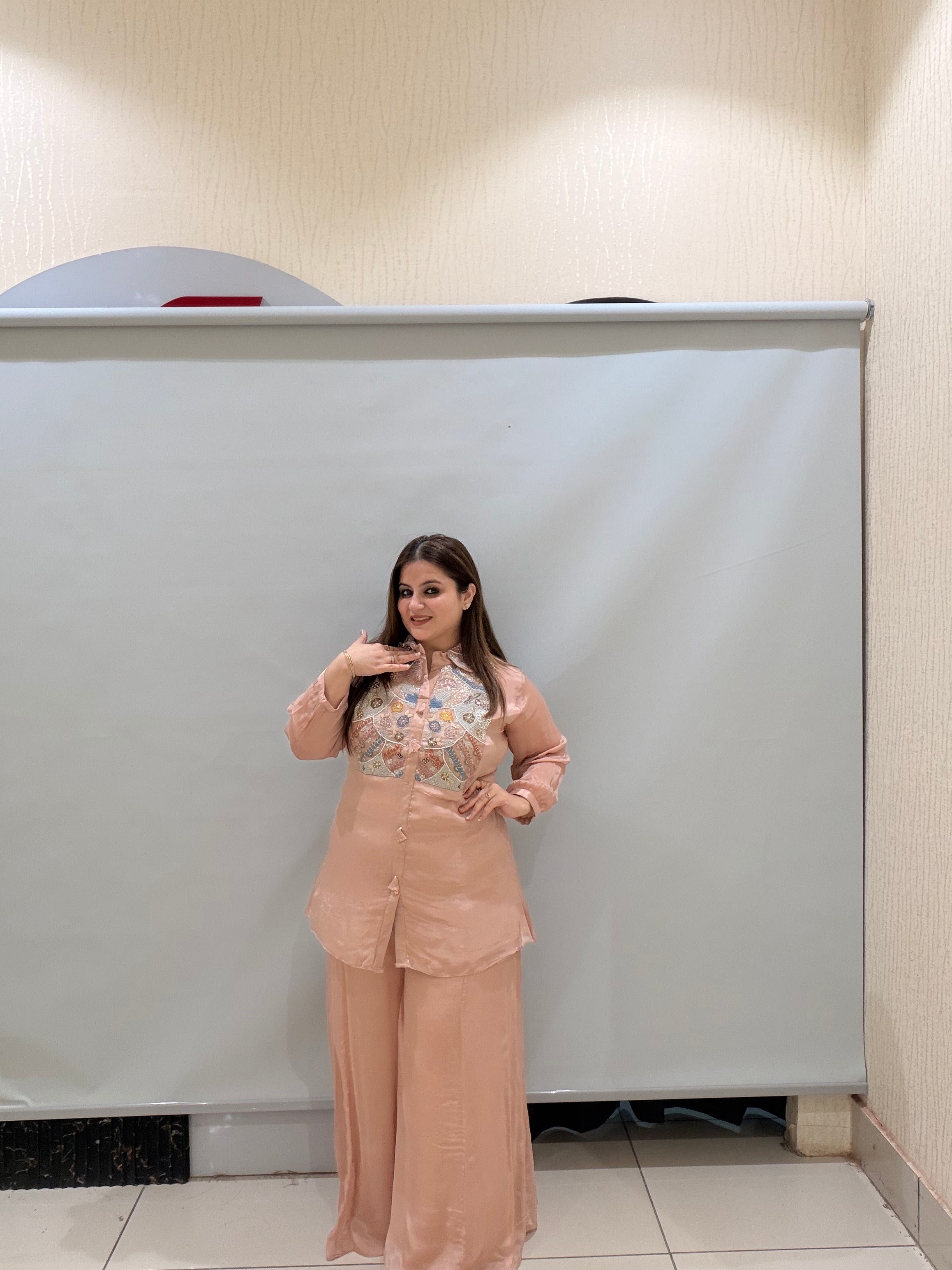Peach Pure Chinon Embroidered Coord Set (M–XL)