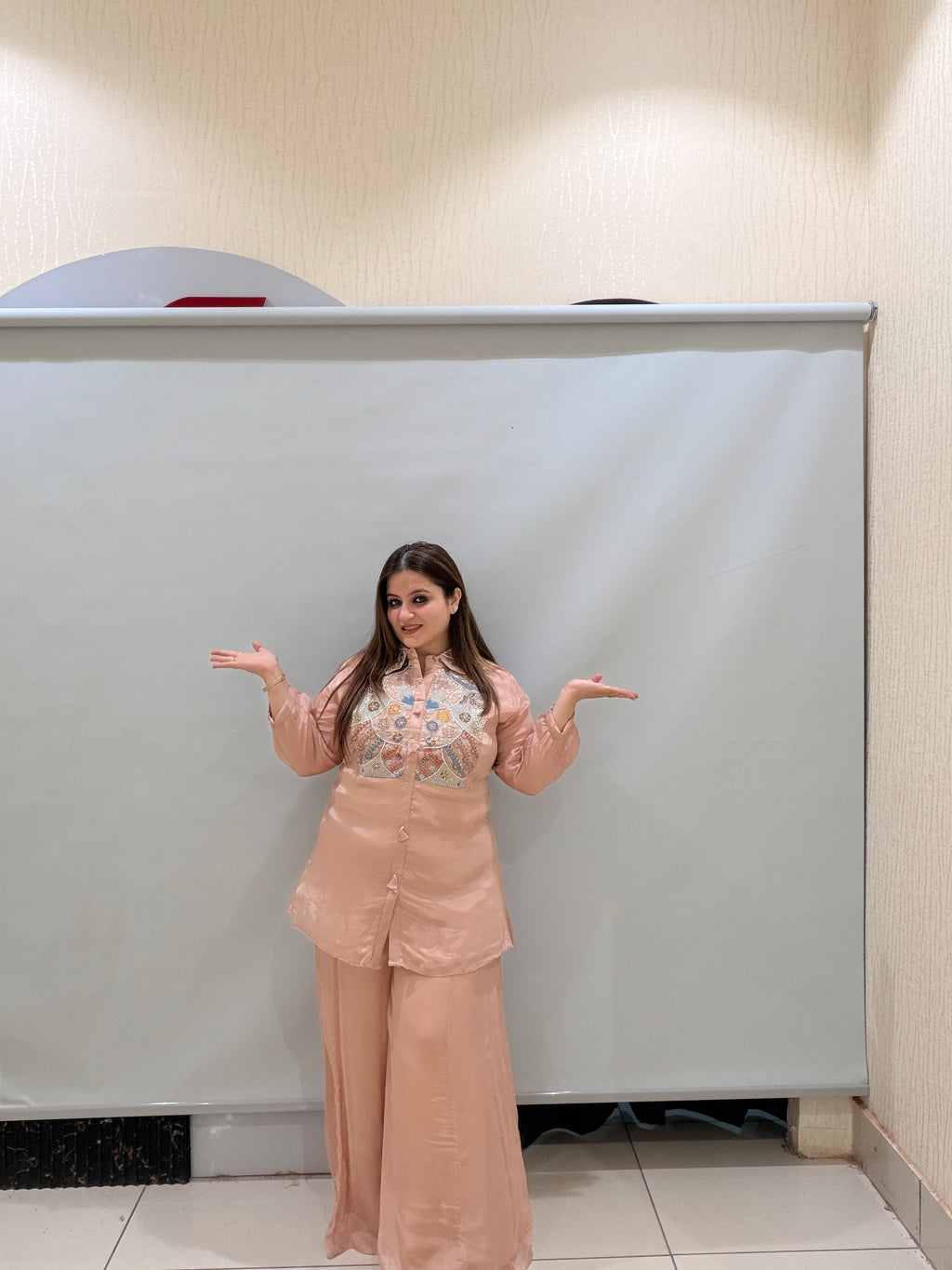 Peach Pure Chinon Embroidered Coord Set (M–XL)