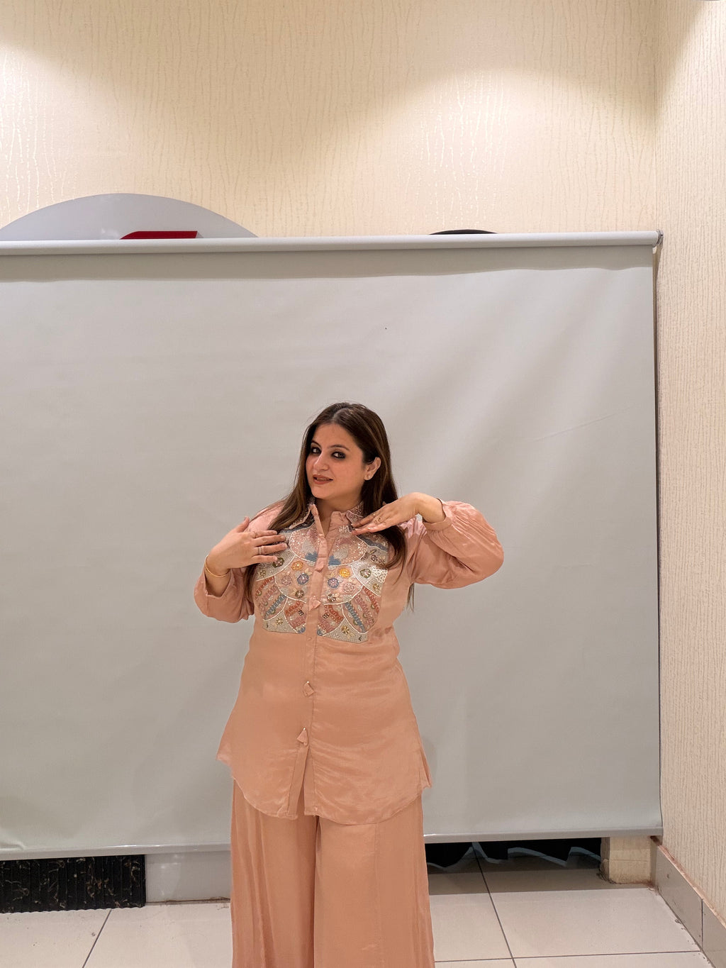 Peach Pure Chinon Embroidered Coord Set (M–XL)
