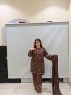 Brown Cotton Thread Embroidered Suit Set (M–3XL)