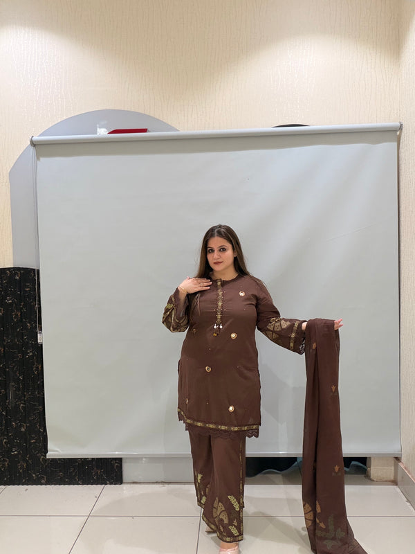 Brown Cotton Thread Embroidered Suit Set (M–3XL)