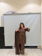 Brown Cotton Thread Embroidered Suit Set (M–3XL)