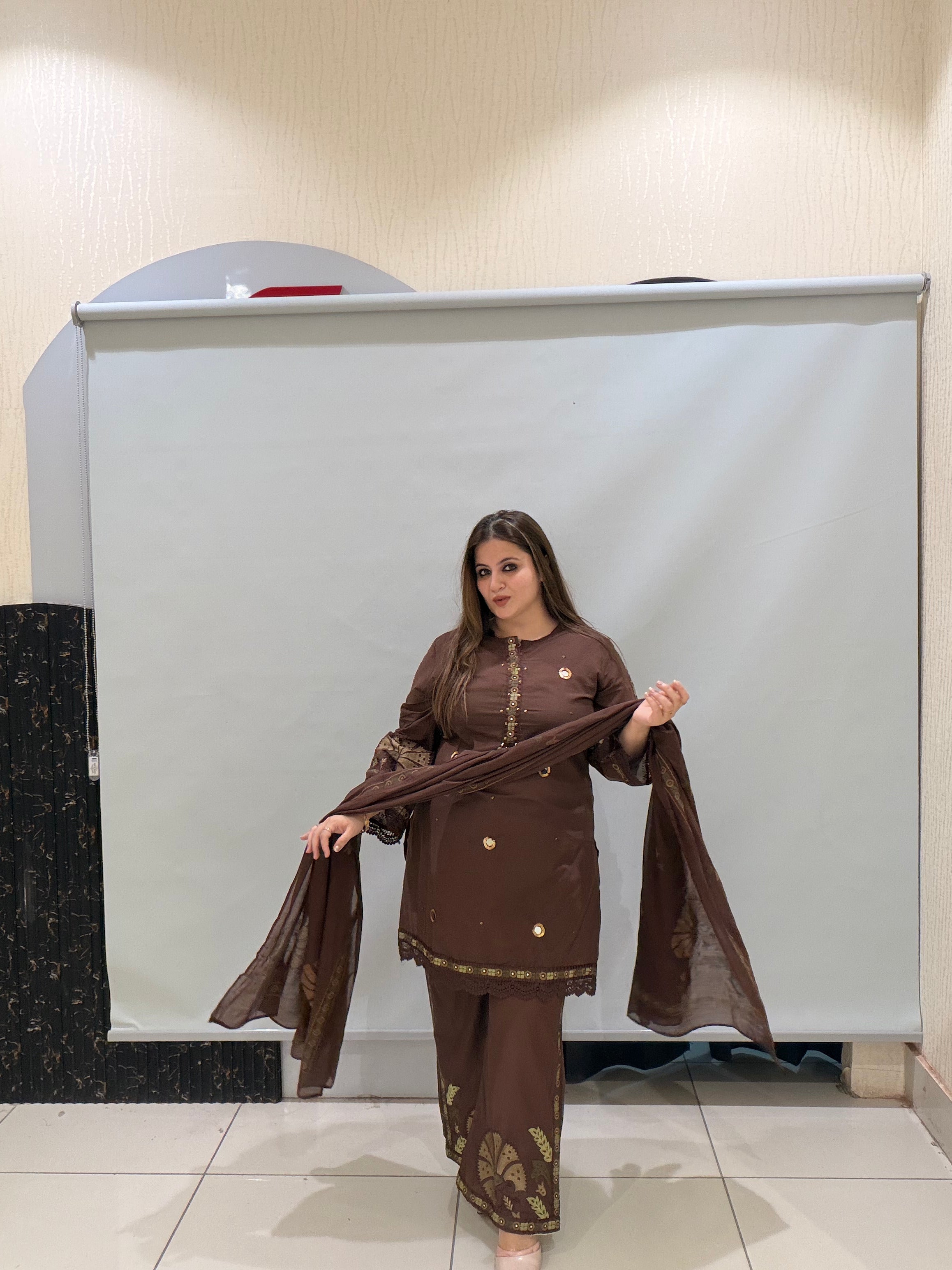Brown Cotton Thread Embroidered Suit Set (M–3XL)