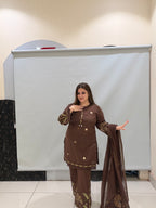 Brown Cotton Thread Embroidered Suit Set (M–3XL)