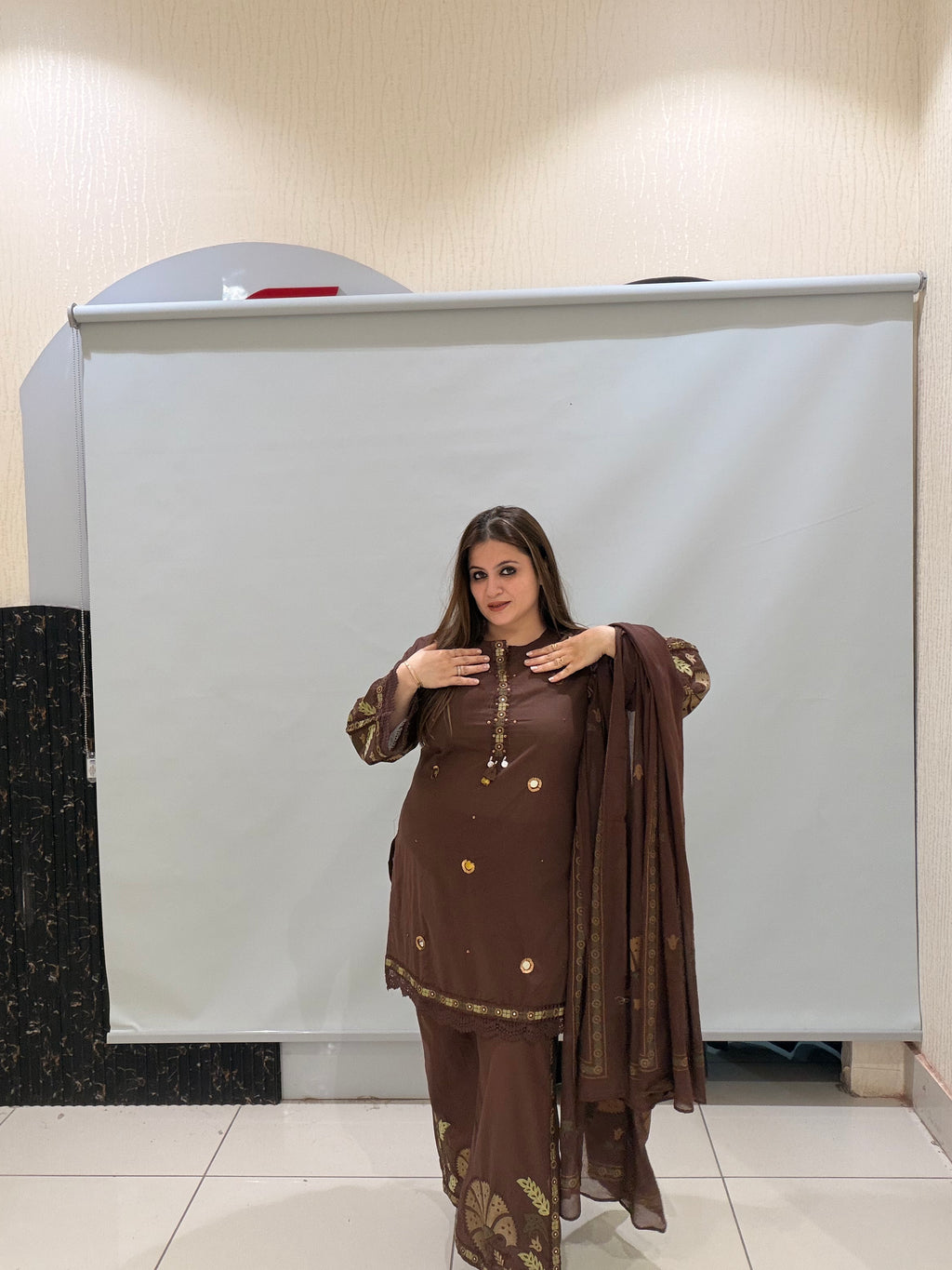 Brown Cotton Thread Embroidered Suit Set (M–3XL)