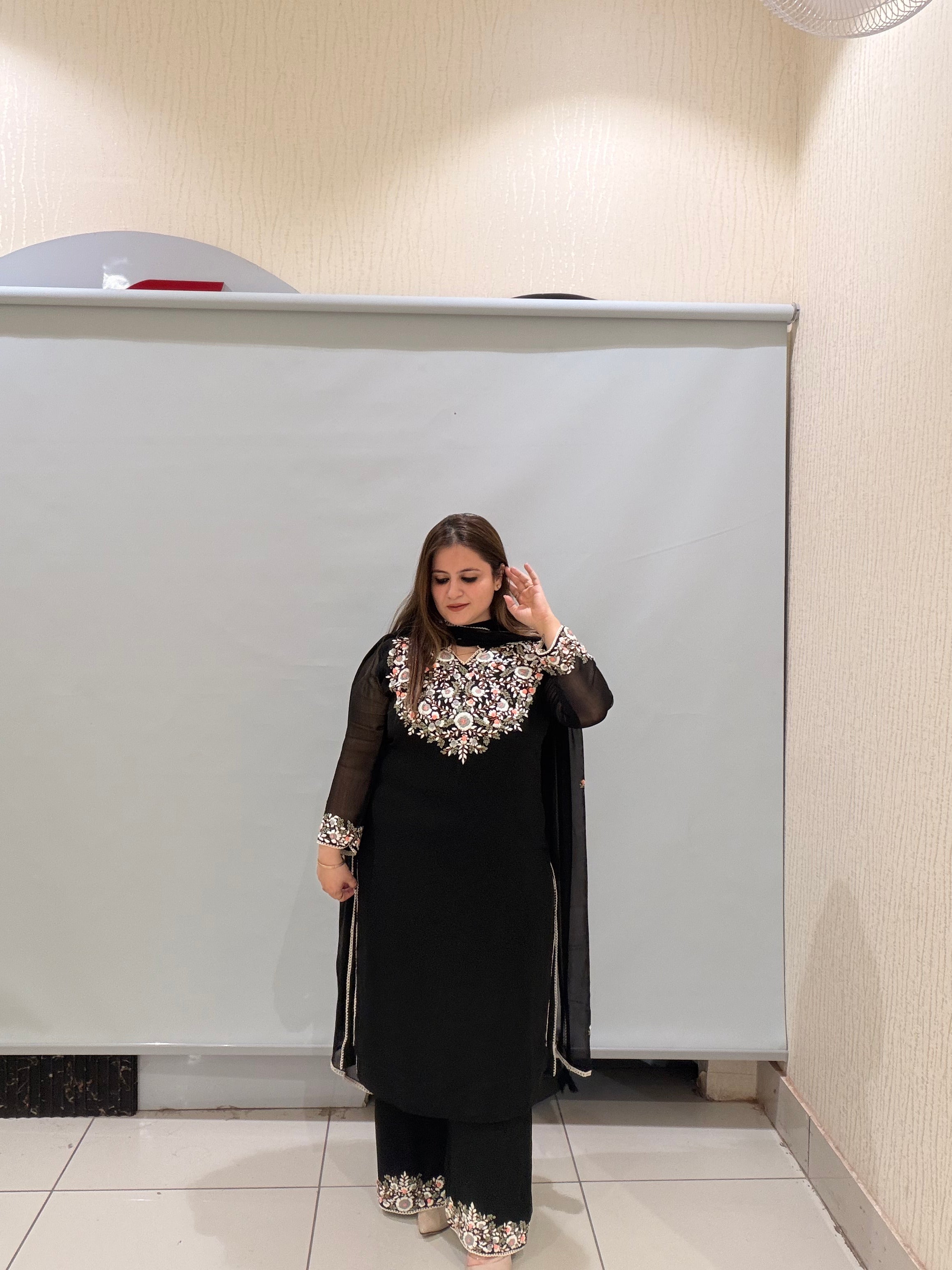 Black Pure Georgette Embroidered Suit Set (M–XXL)