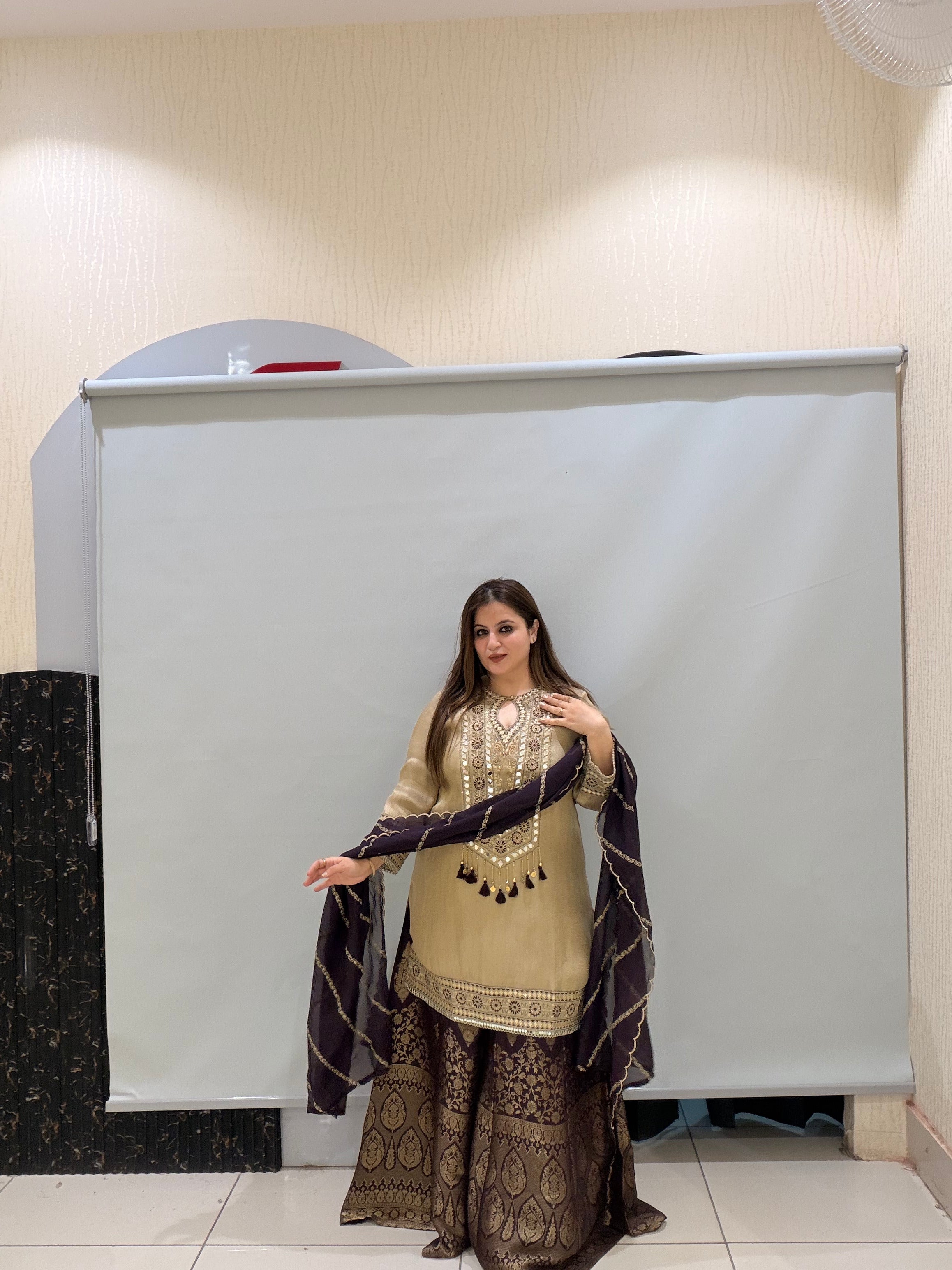 Beige & Brown Premium Fabric Partywear Dress (L–XXL)