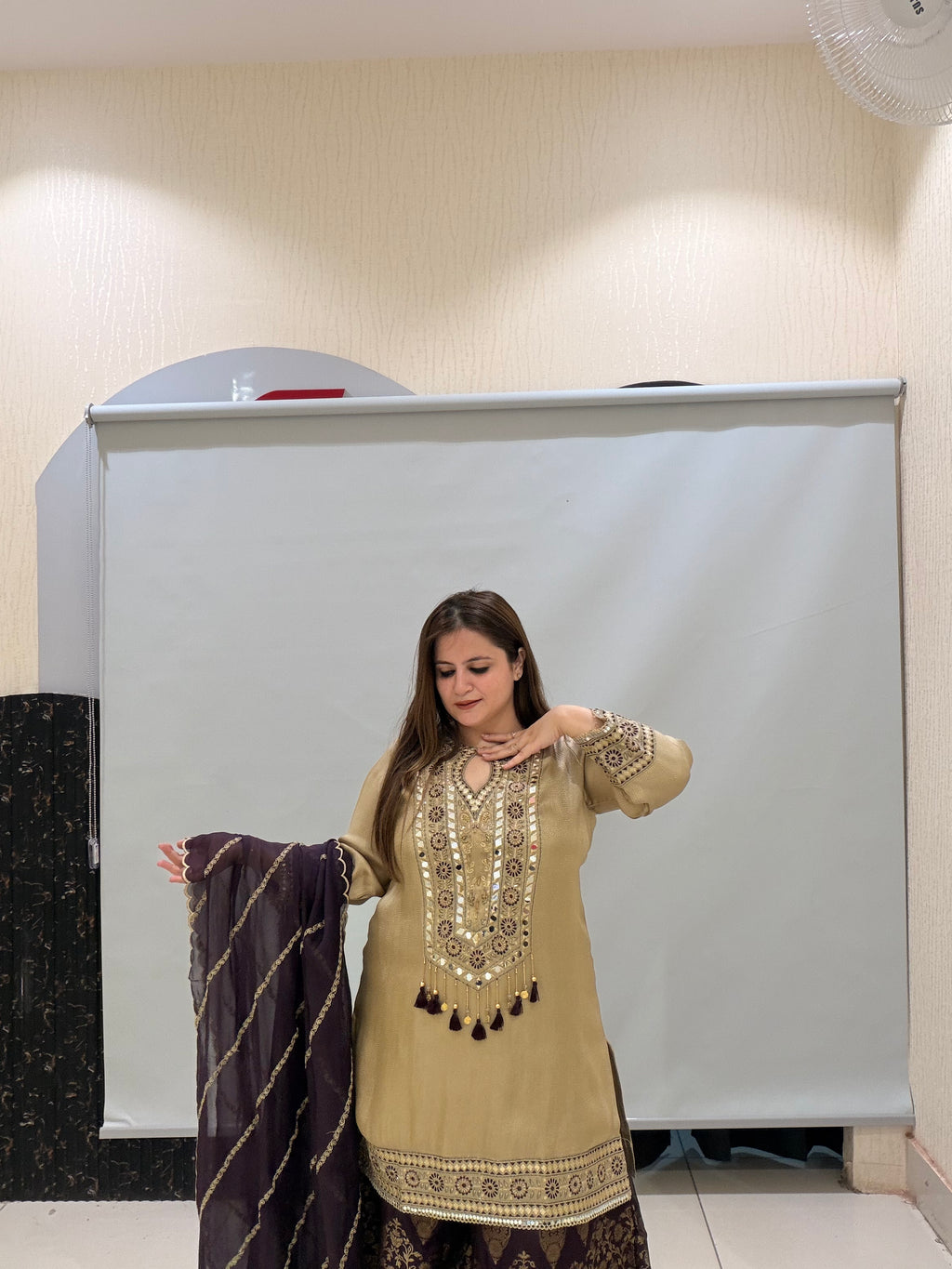Beige & Brown Premium Fabric Partywear Dress (L–XXL)