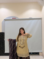 Beige & Brown Premium Fabric Partywear Dress (L–XXL)