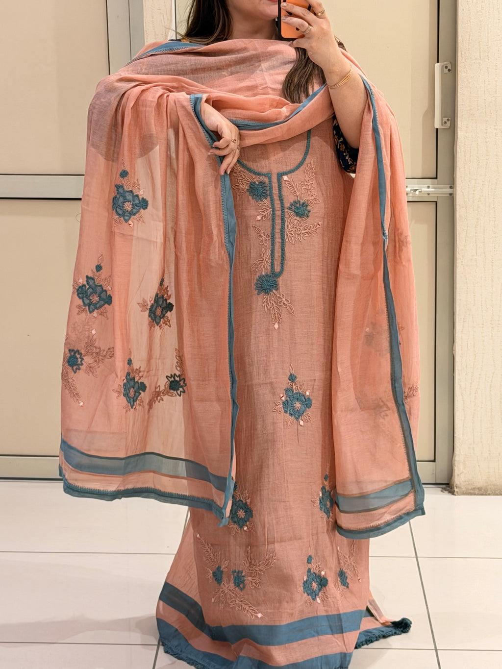 Peach Exclusive Mul Embroidered Unstitched Suit (Premium Collection)