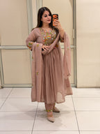 Dusty Rose Mul Chanderi Embroidered Anarkali Suit Set with Dupatta