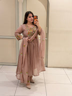 Dusty Rose Mul Chanderi Embroidered Anarkali Suit Set with Dupatta