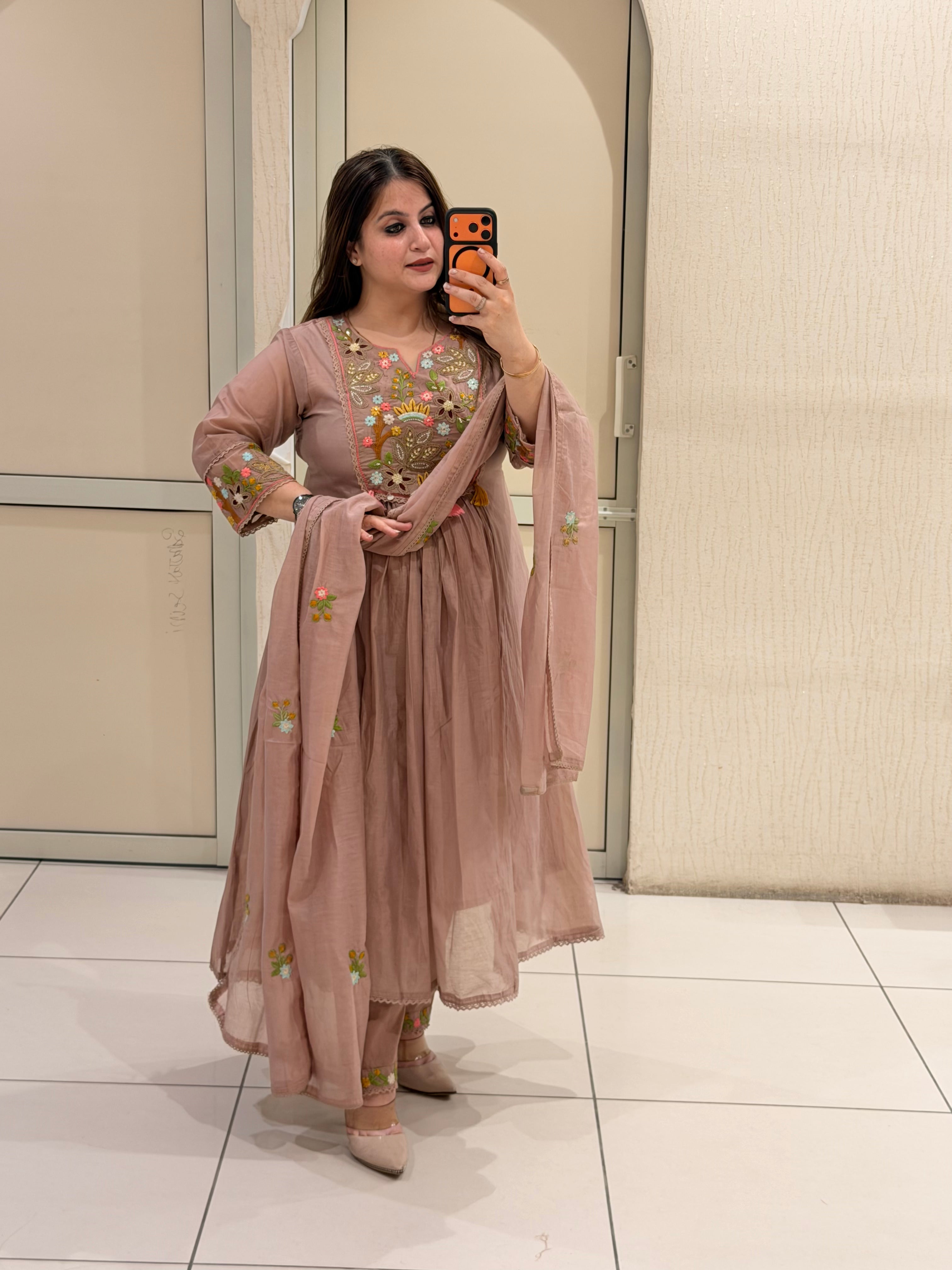 Dusty Rose Mul Chanderi Embroidered Anarkali Suit Set with Dupatta