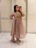 Dusty Rose Mul Chanderi Embroidered Anarkali Suit Set with Dupatta