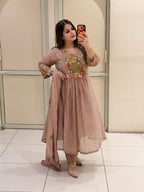 Dusty Rose Mul Chanderi Embroidered Anarkali Suit Set with Dupatta