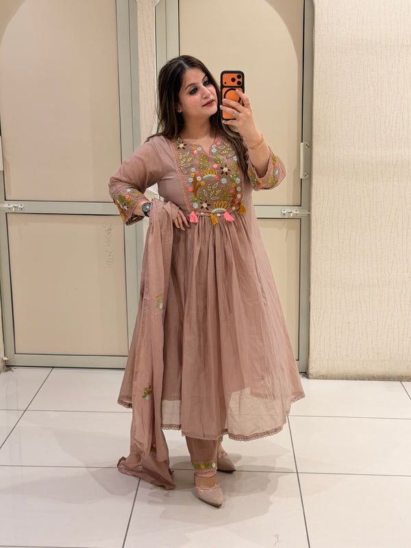 Dusty Rose Mul Chanderi Embroidered Anarkali Suit Set with Dupatta