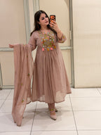 Dusty Rose Mul Chanderi Embroidered Anarkali Suit Set with Dupatta