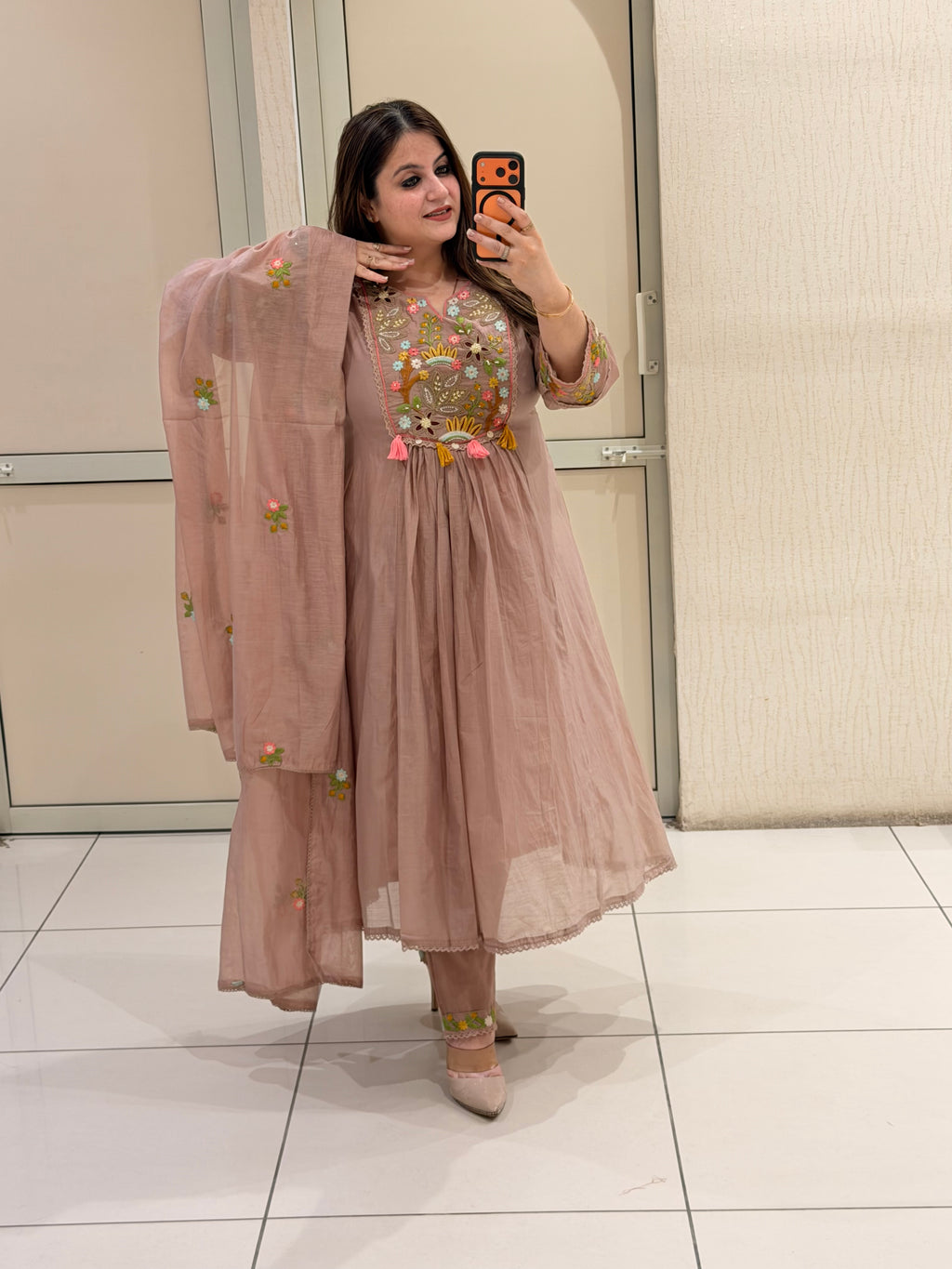 Dusty Rose Mul Chanderi Embroidered Anarkali Suit Set with Dupatta