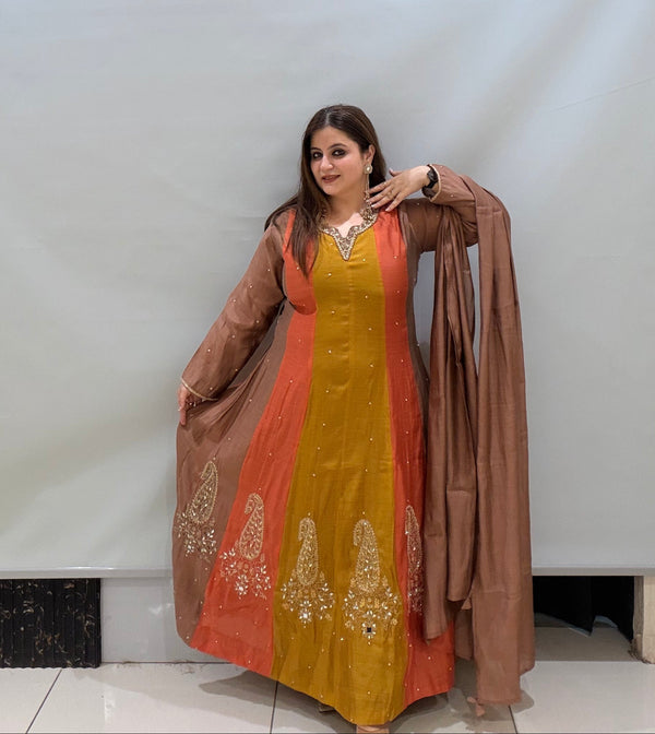 Mustard & Rust Designer Anarkali Suit Set with Embroidered Dupatta