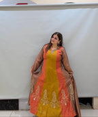 Mustard & Rust Designer Anarkali Suit Set with Embroidered Dupatta
