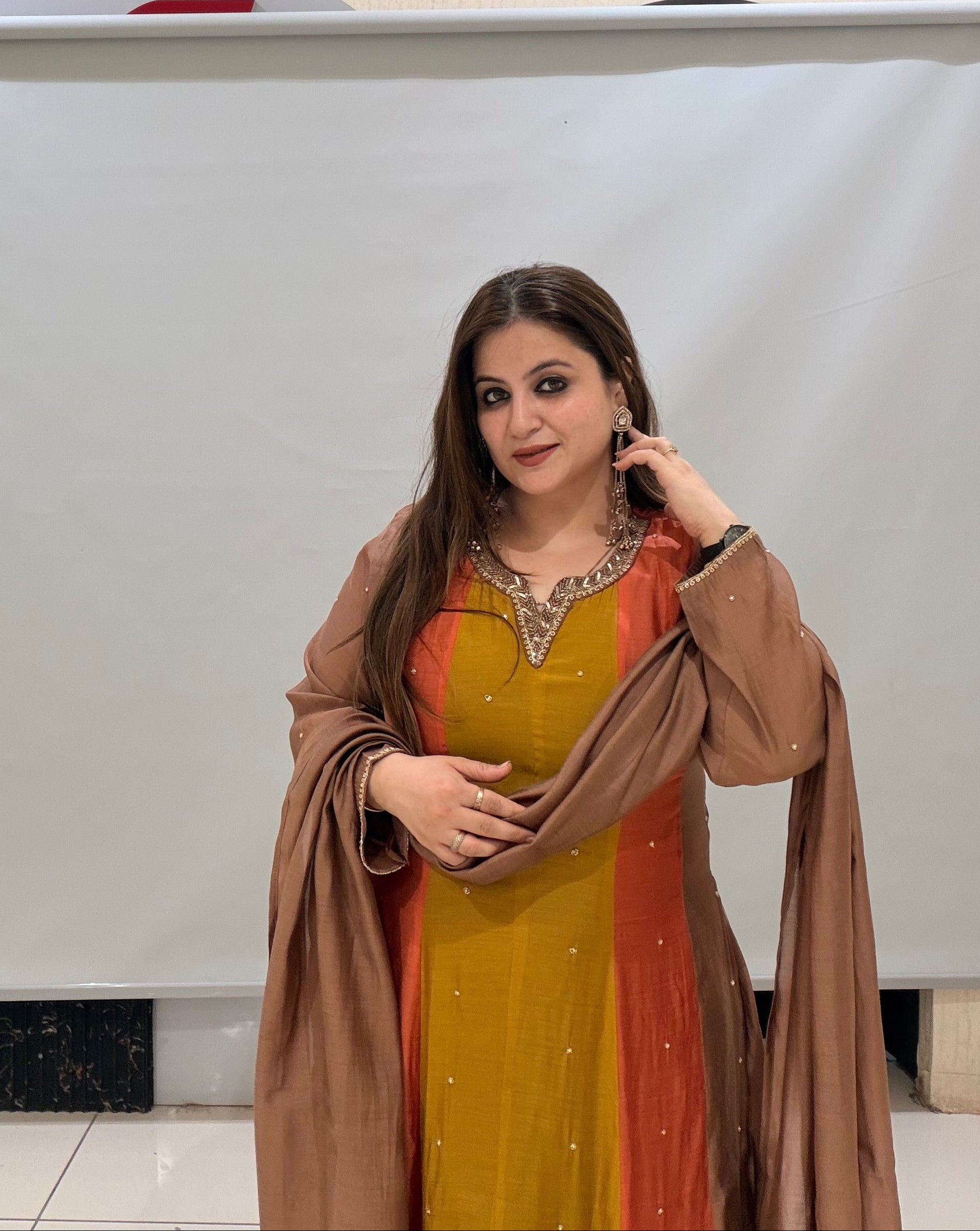 Mustard & Rust Designer Anarkali Suit Set with Embroidered Dupatta