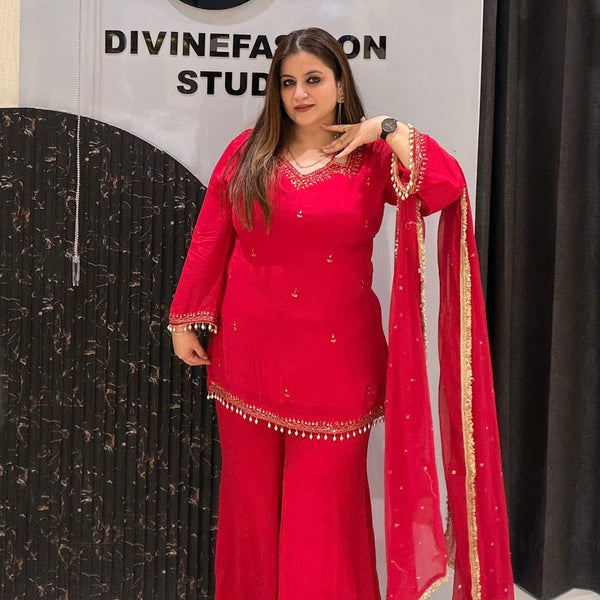 Hot Pink Chinon Embroidered Palazzo Suit Set with Dupatta