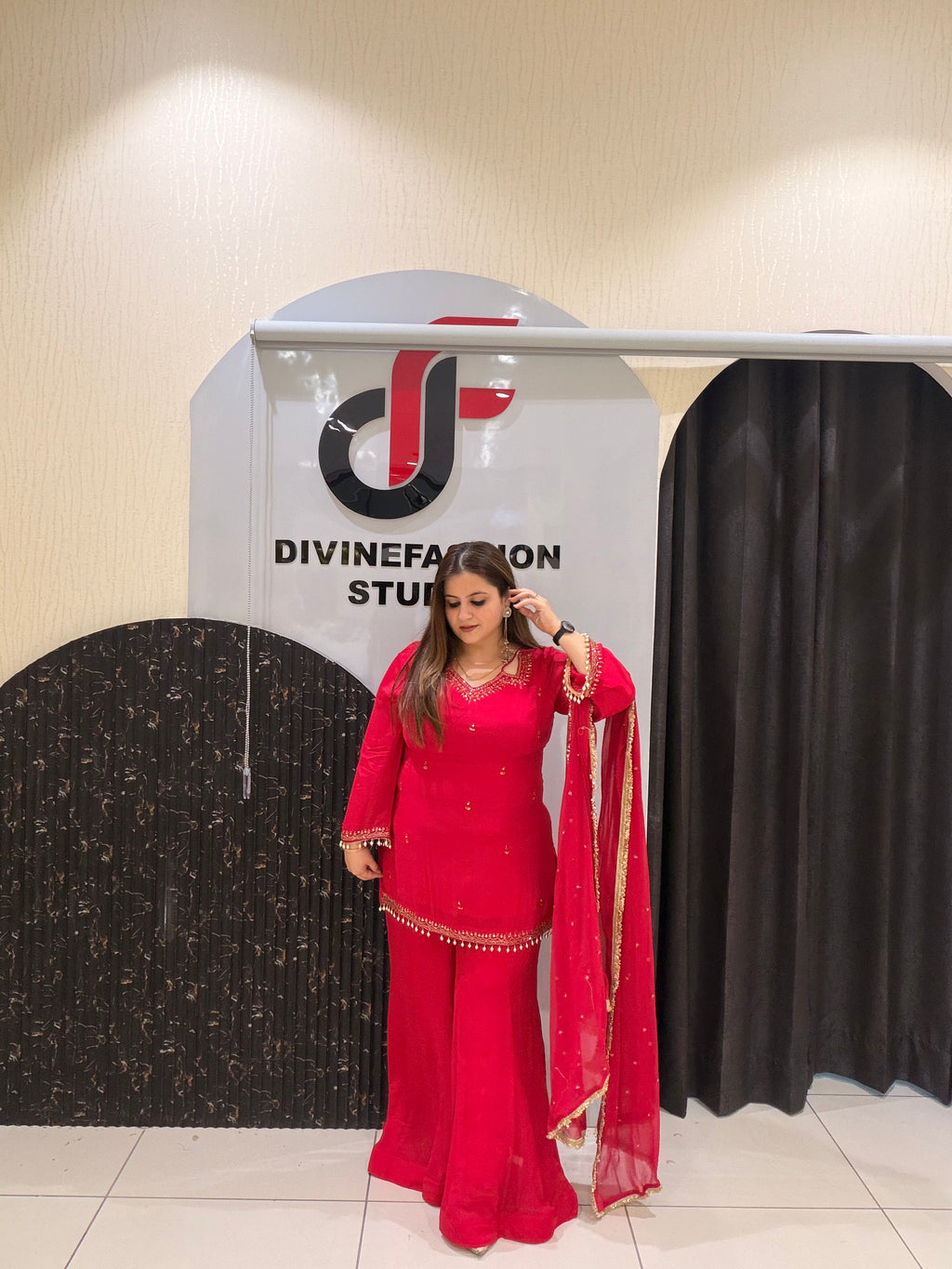Hot Pink Chinon Embroidered Palazzo Suit Set with Dupatta