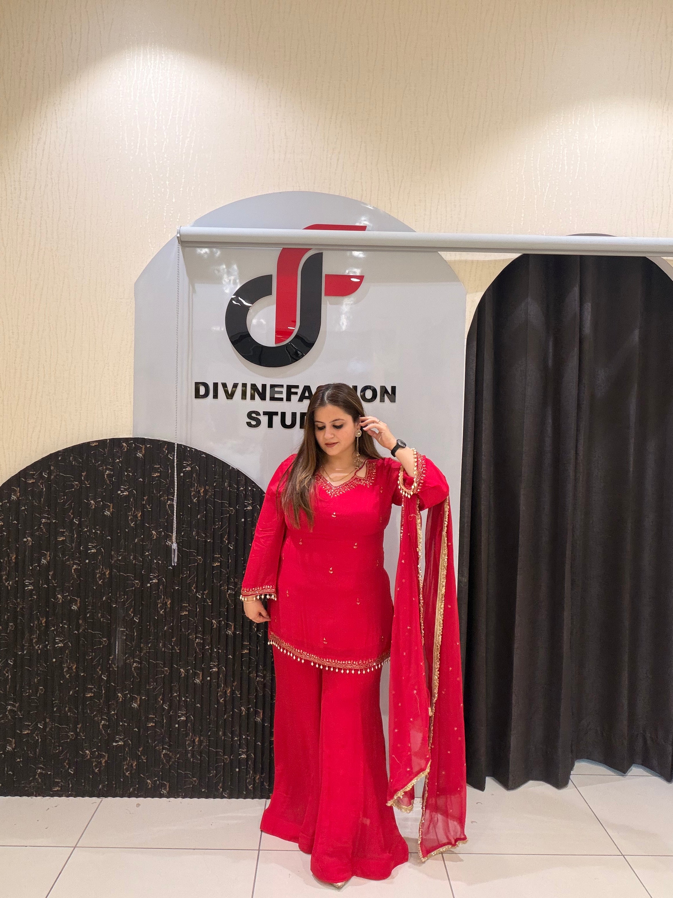 Hot Pink Chinon Embroidered Palazzo Suit Set with Dupatta