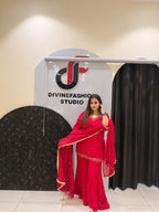 Hot Pink Chinon Embroidered Palazzo Suit Set with Dupatta