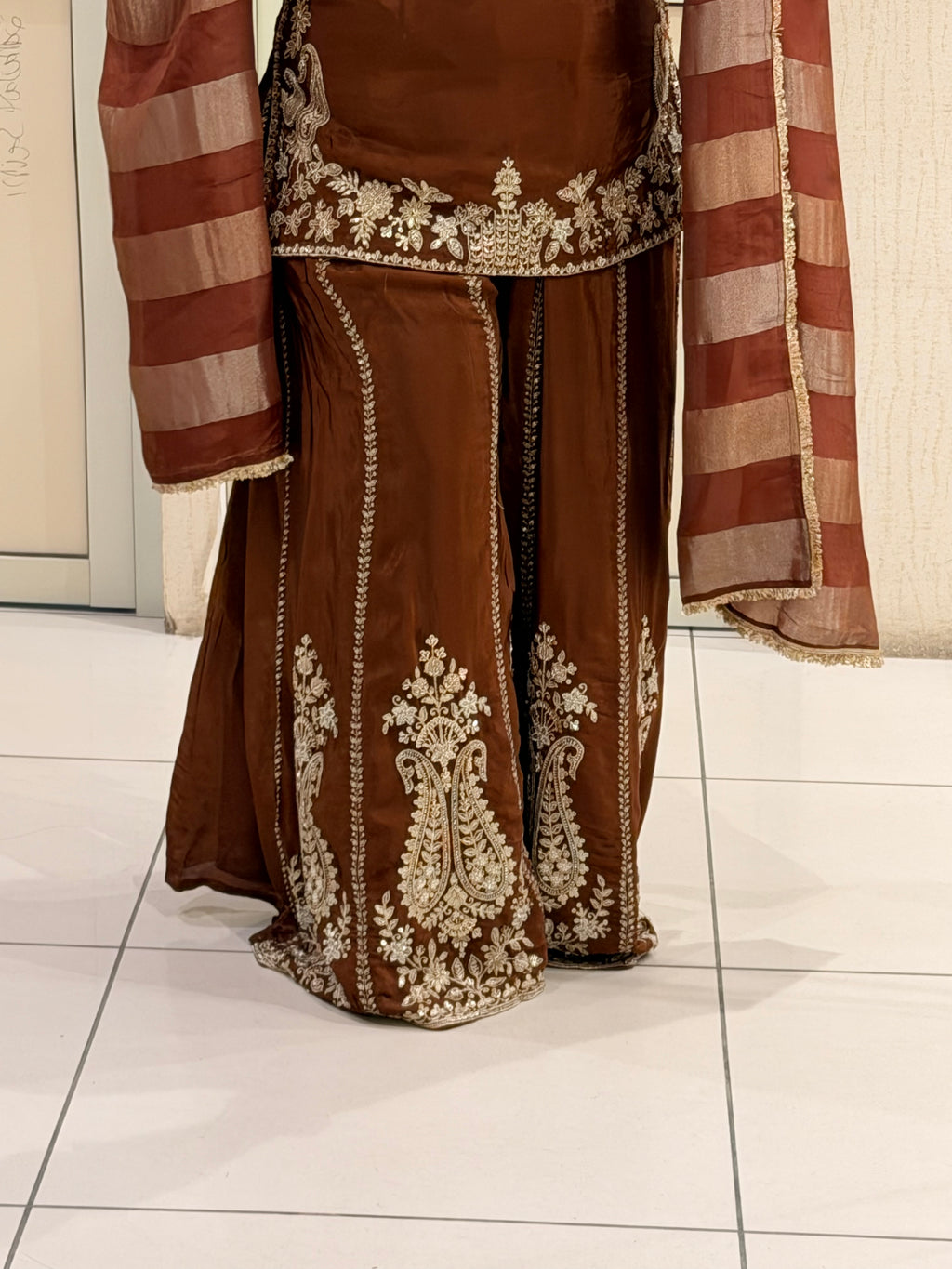 Elegant Brown Crepe Embroidered Palazzo Suit Set with Designer Dupatta