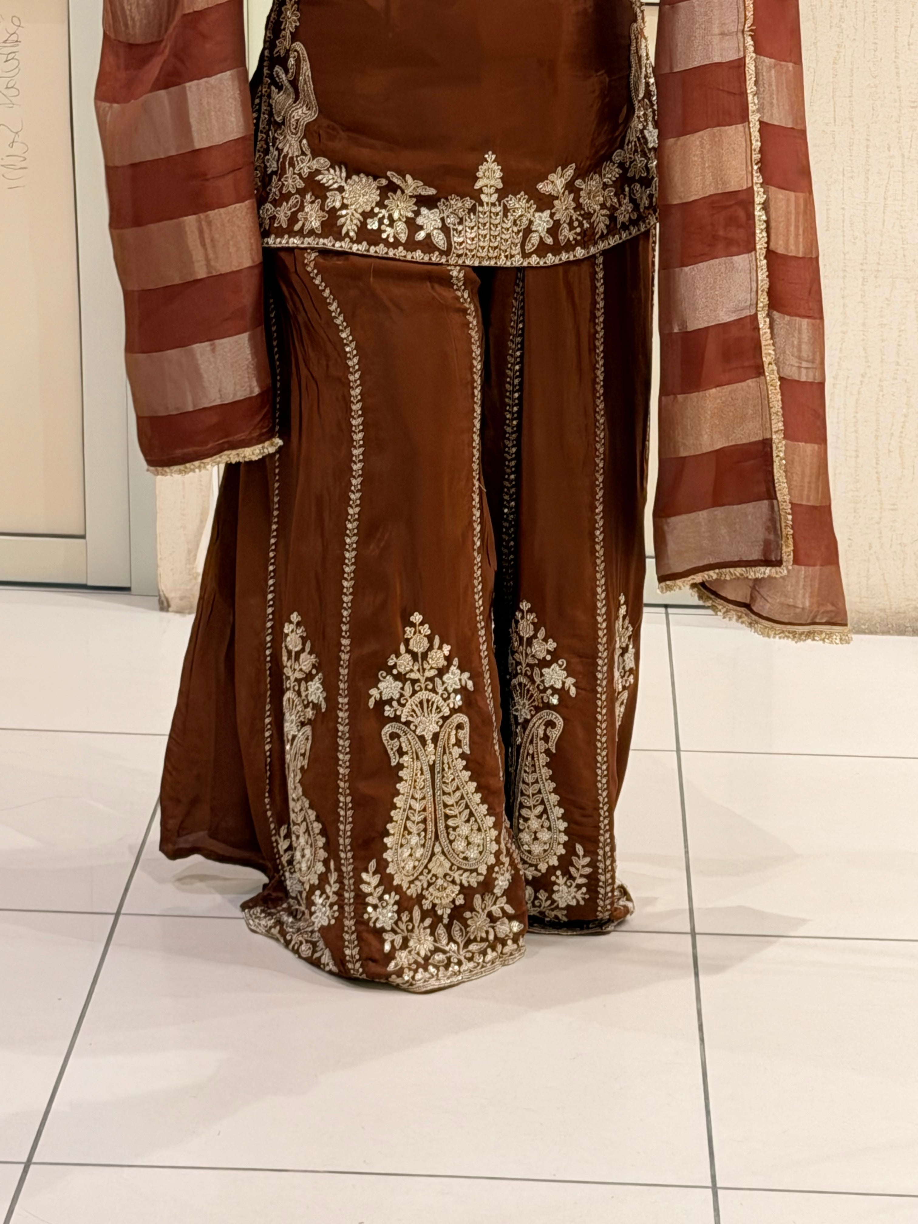 Elegant Brown Crepe Embroidered Palazzo Suit Set with Designer Dupatta