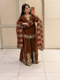 Elegant Brown Crepe Embroidered Palazzo Suit Set with Designer Dupatta