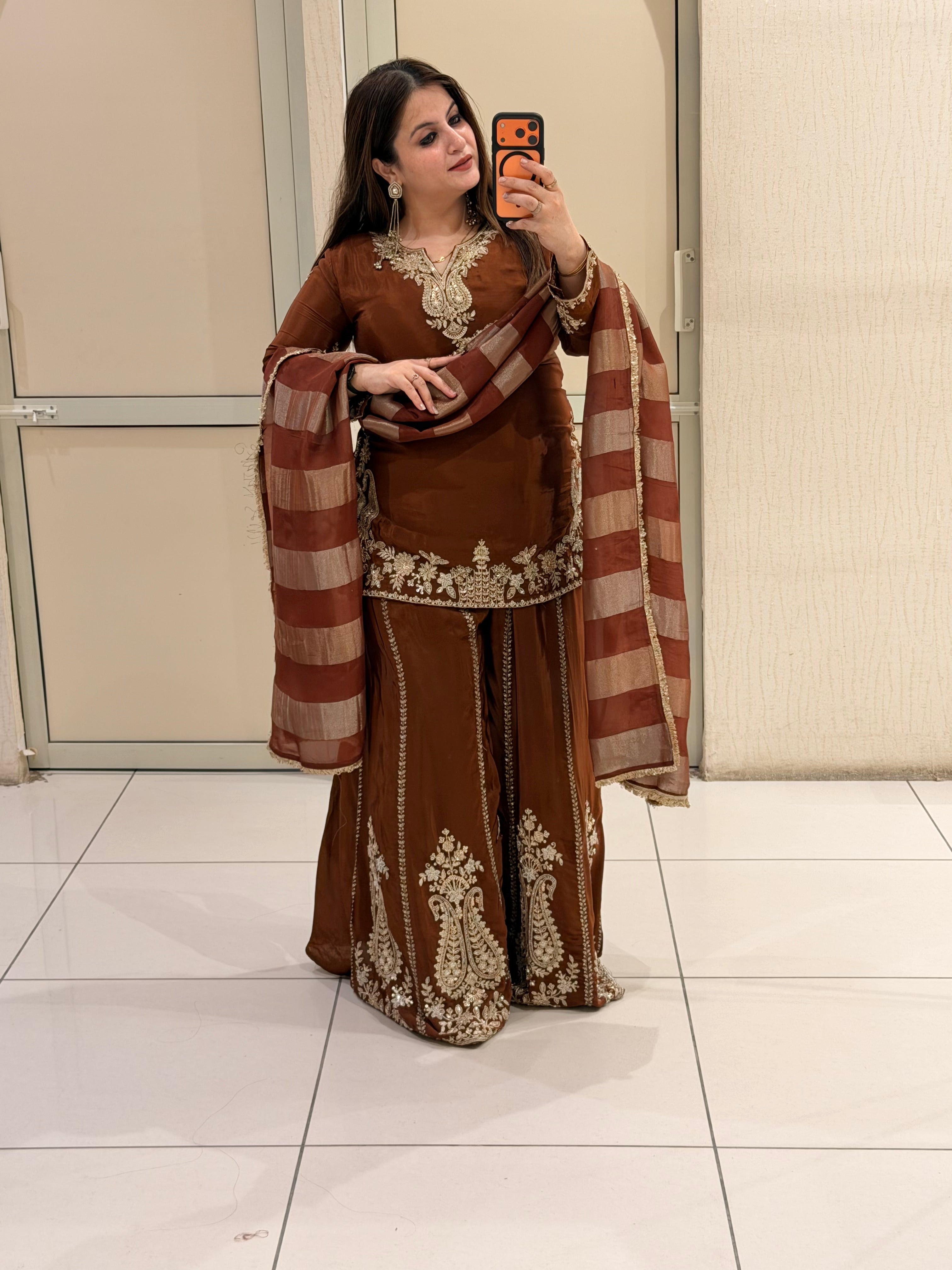 Elegant Brown Crepe Embroidered Palazzo Suit Set with Designer Dupatta