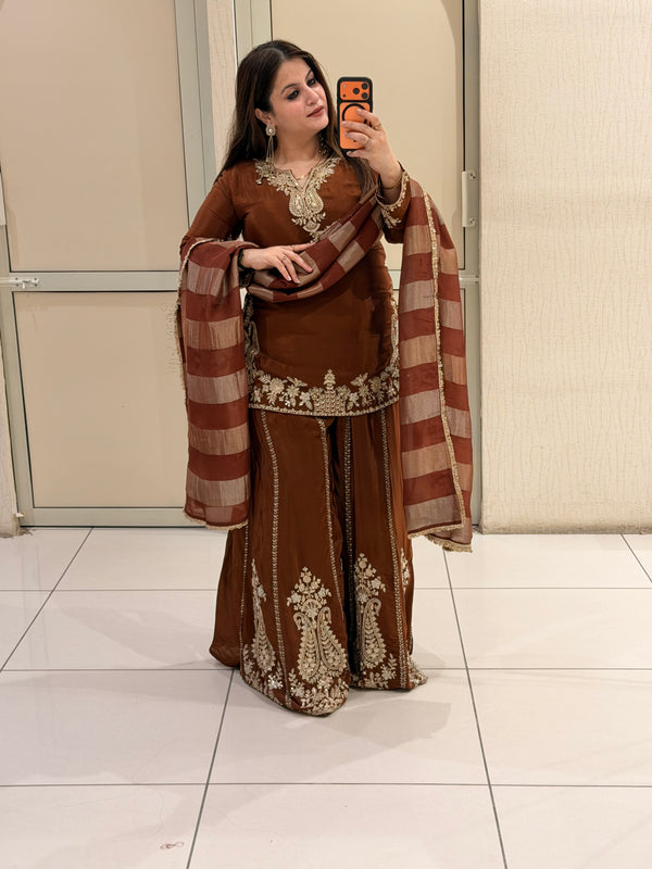Elegant Brown Crepe Embroidered Palazzo Suit Set with Designer Dupatta