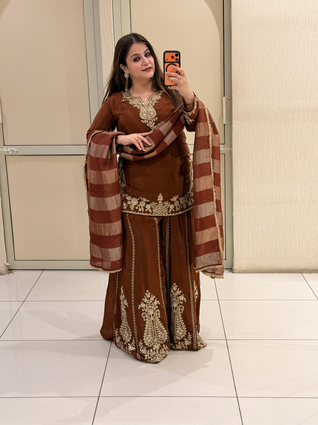 Elegant Brown Crepe Embroidered Palazzo Suit Set with Designer Dupatta