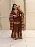Elegant Brown Crepe Embroidered Palazzo Suit Set with Designer Dupatta