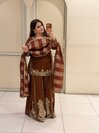 Elegant Brown Crepe Embroidered Palazzo Suit Set with Designer Dupatta
