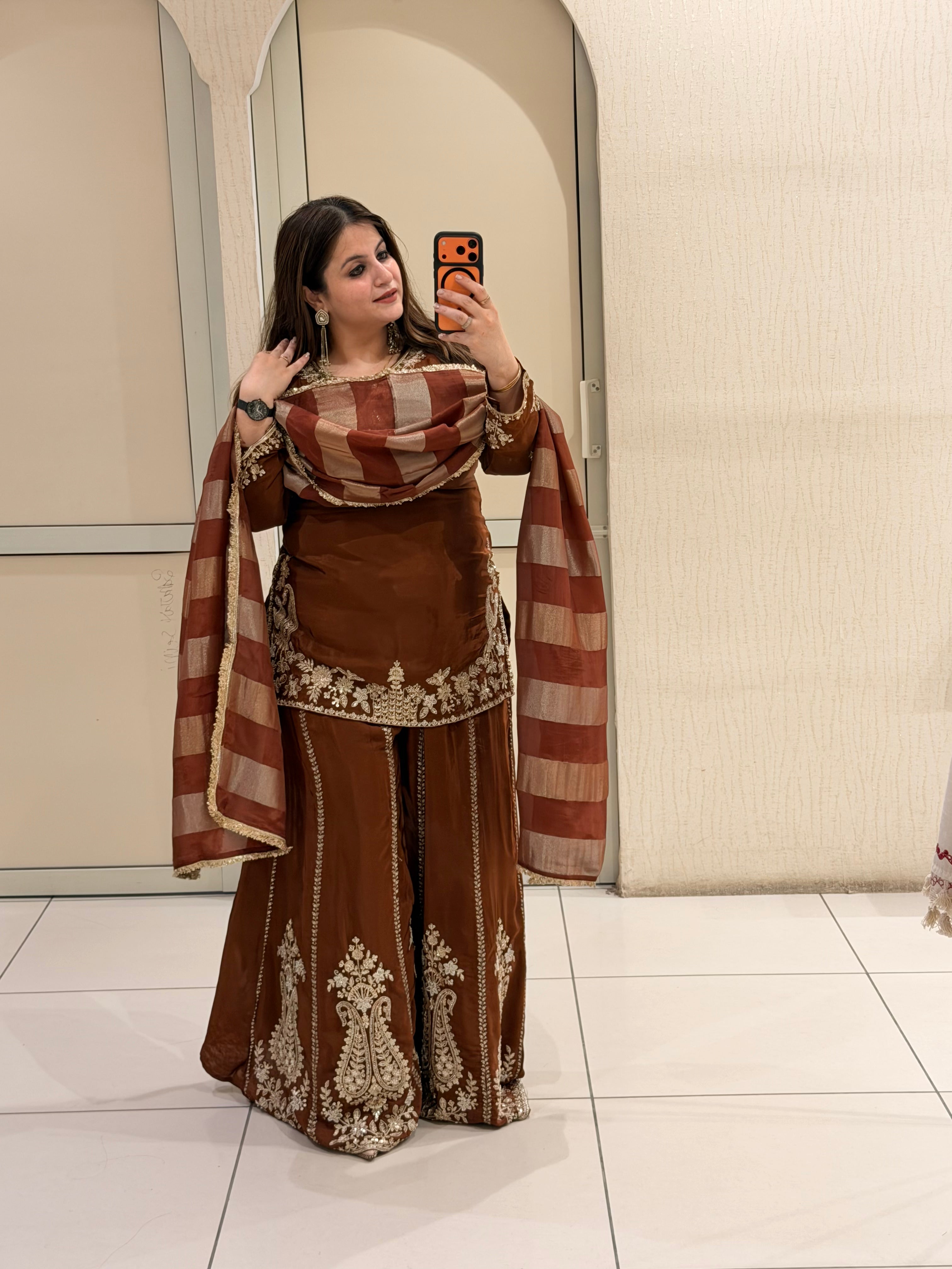 Elegant Brown Crepe Embroidered Palazzo Suit Set with Designer Dupatta
