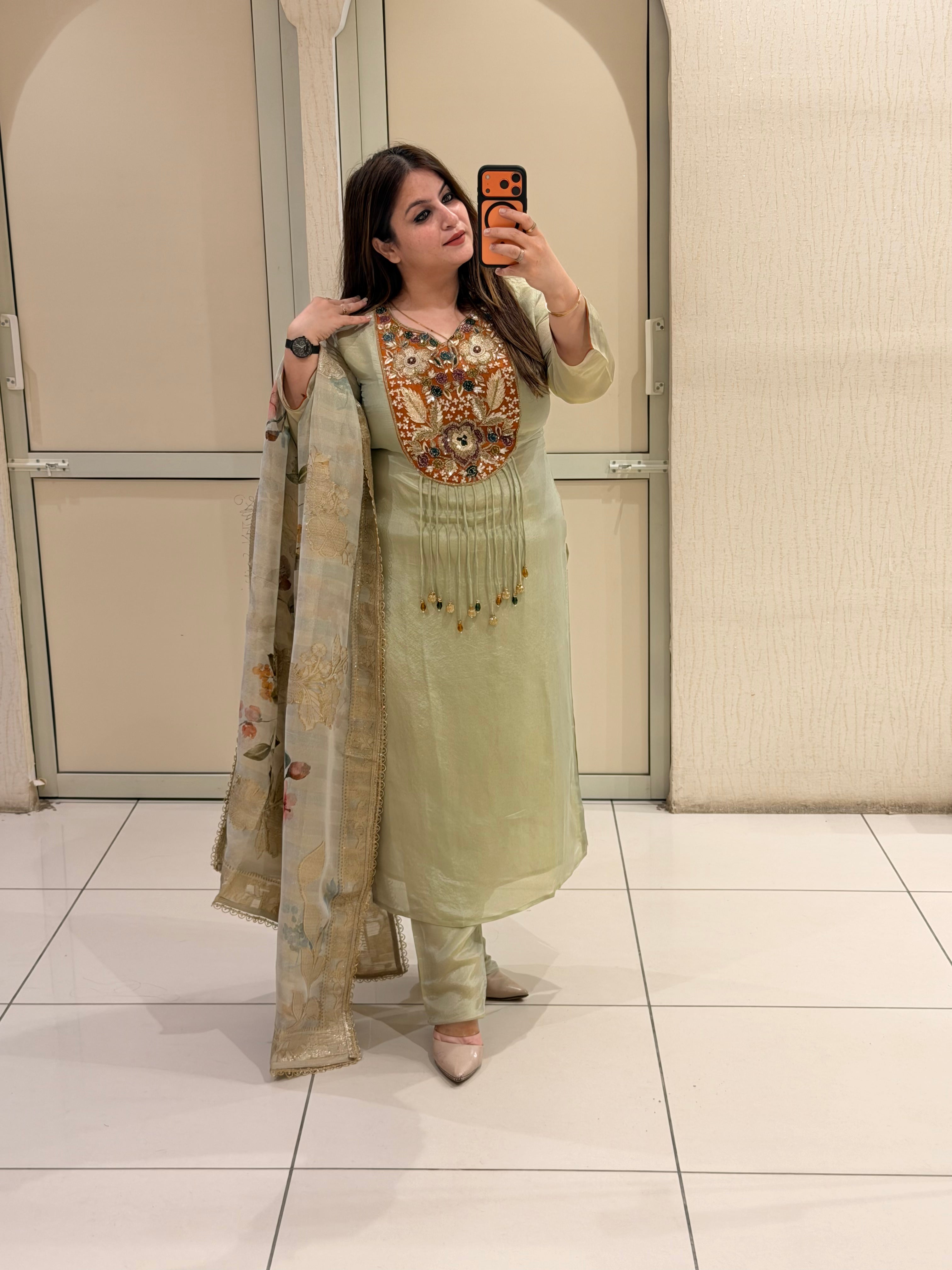Pastel Green Embroidered Suit Set with Floral Printed Dupatta