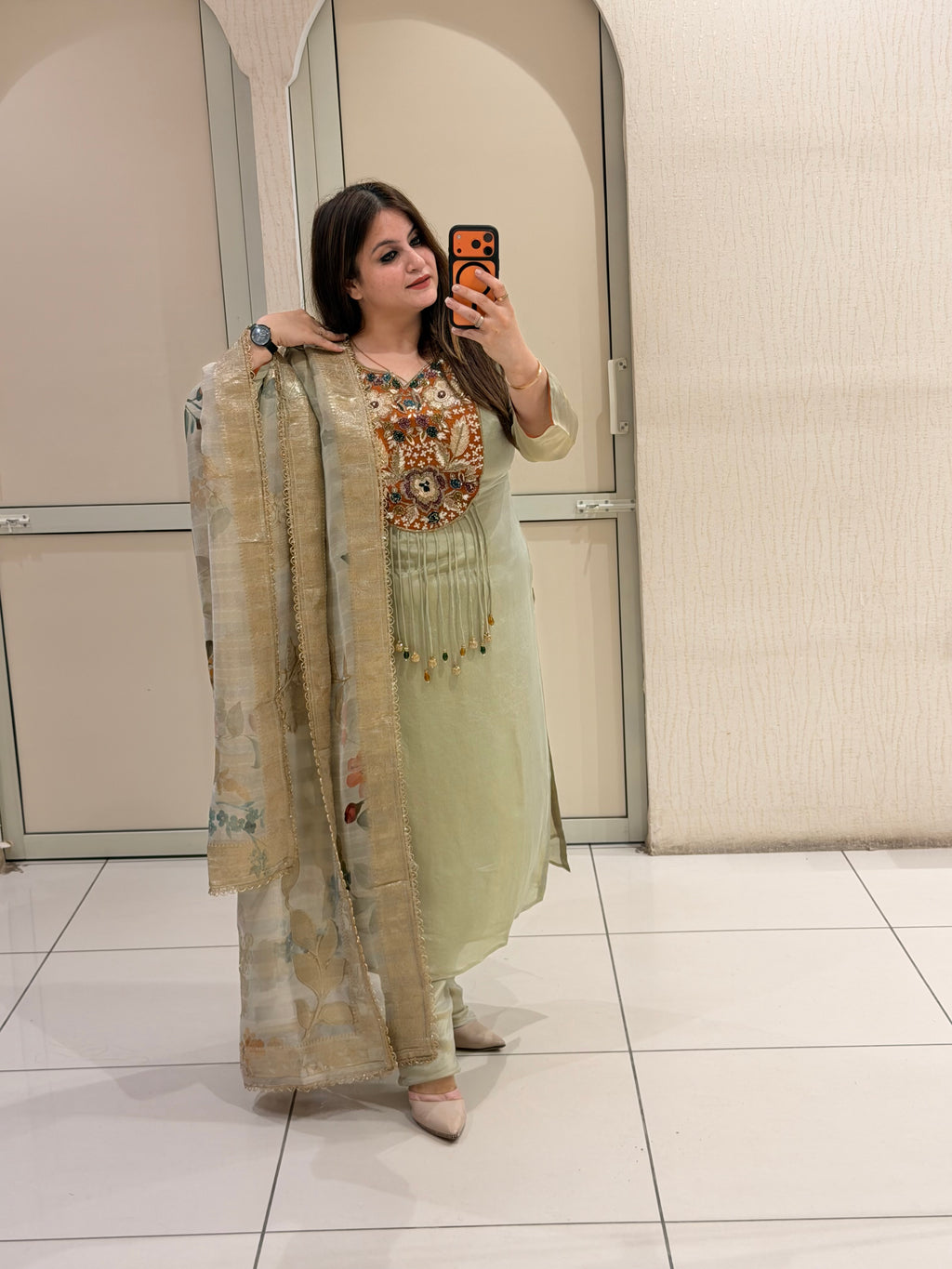 Pastel Green Embroidered Suit Set with Floral Printed Dupatta