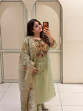 Pastel Green Embroidered Suit Set with Floral Printed Dupatta