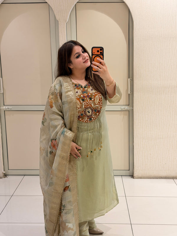 Pastel Green Embroidered Suit Set with Floral Printed Dupatta