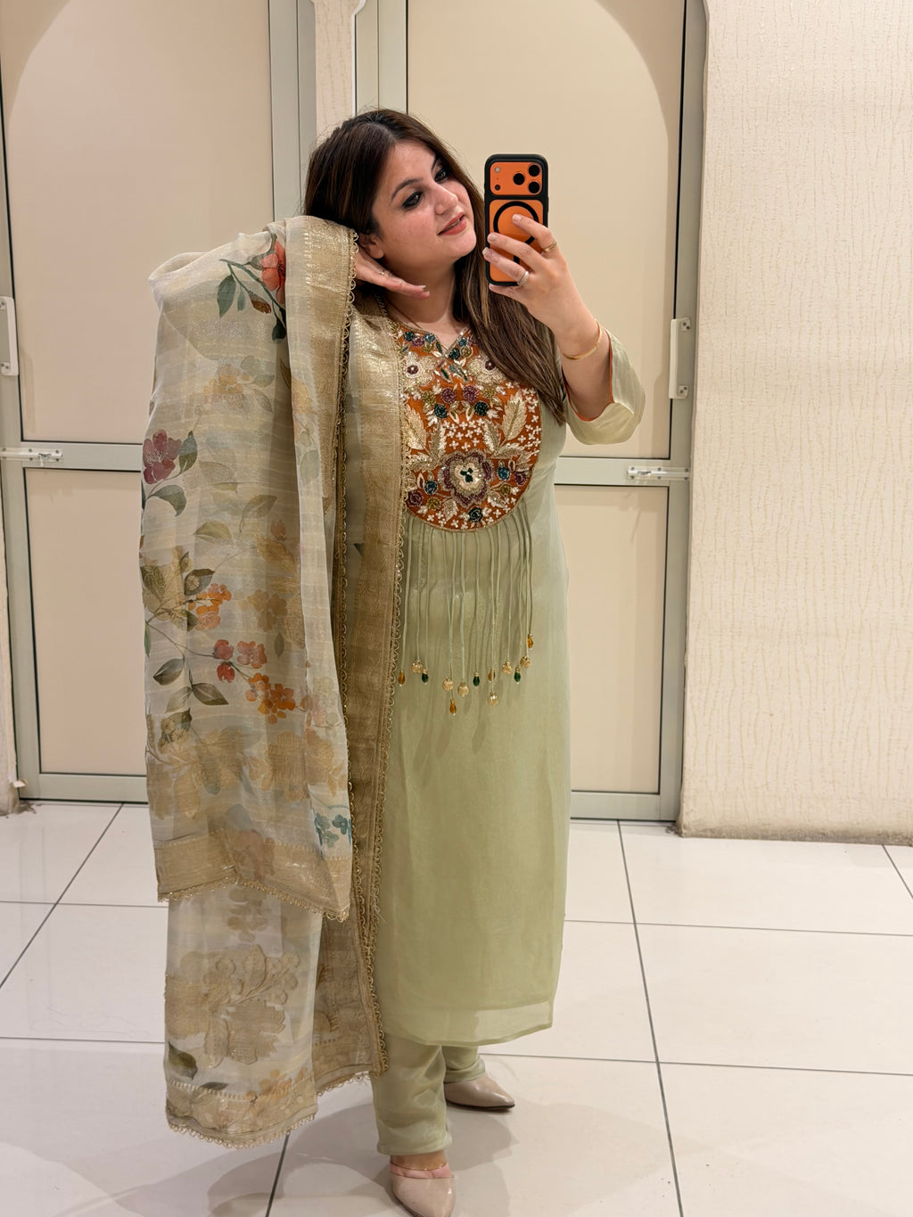 Pastel Green Embroidered Suit Set with Floral Printed Dupatta