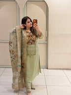 Pastel Green Embroidered Suit Set with Floral Printed Dupatta