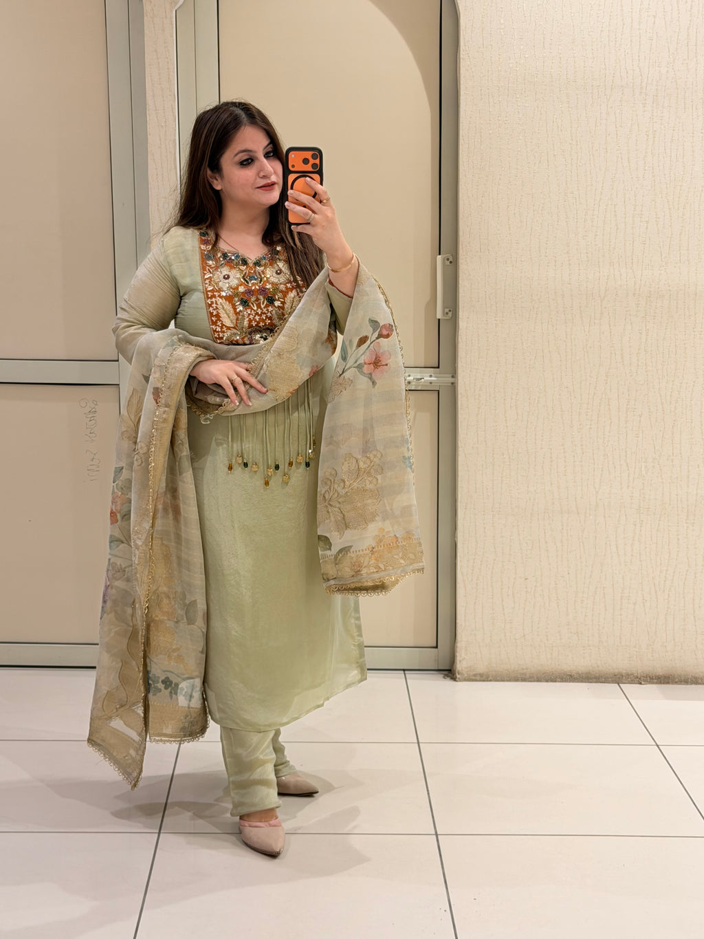 Pastel Green Embroidered Suit Set with Floral Printed Dupatta