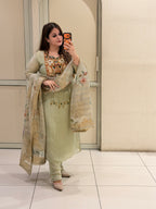 Pastel Green Embroidered Suit Set with Floral Printed Dupatta